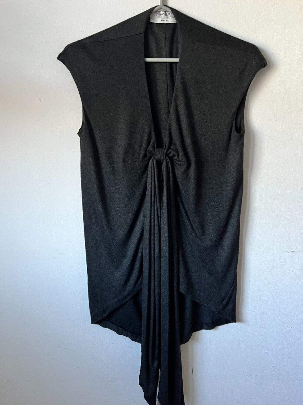 Yves Saint Laurent Charcoal Grey V Neck Sleeveless Draped Top w Front Tie FR 36